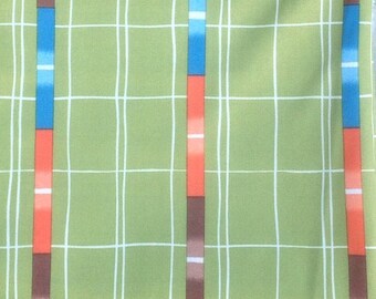 Tissu tricoté en polyester vintage à rayures géométriques mod // 64 x 51"> vert citron, orange, bleu, marron géométrique