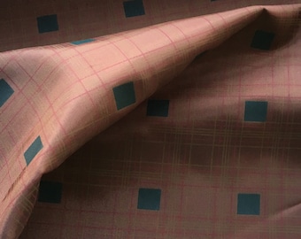 Vintage Silky Lining Fabric // 18" x 21.5" wide > Mid-Century brown and black geometric grid design, lightweight, thin