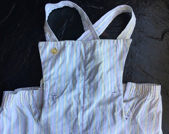 Vintage Mid-Century Child's Pastel Stripe Overalls // size 1 1/2 > stuffed bunny rabbits on legs > original Cute Togs label, New Orleans