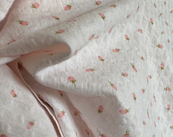 Vintage Tiny Pink Rosebud Seersucker Fabric / 84x45" > unused deadstock > small tossed pink rosebuds on blush ballerina pink textured cotton
