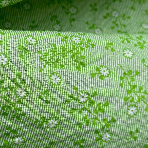 Vintage Green Floral Striped Seersucker Fabric // 47x45" + > pucker textured, tiny tossed flowers, lightweight