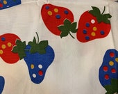 Vintage Mongo Strawberry Cotton Canvas Fabric 37x45 quot big red, blue strawberries, decorator, upholstery weight Unused