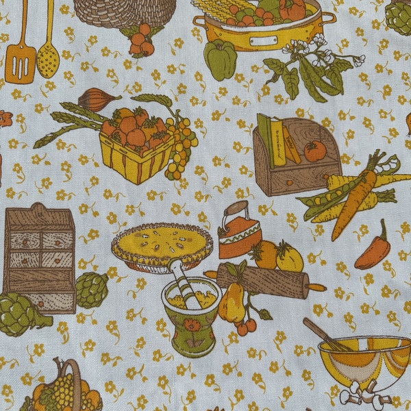 Vintage Kitchen Print Cotton Fabric // 50x50" (2 avail) > Unused deadstock > 1970s palette mustard yellow, orange, olive, novelty items