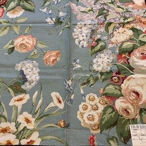 Travers "Alexandra Linen" Fabric Sample // 35x26.5" robins egg blue, cabbage roses, morning glory, lilac, primrose, hydrangea & snail floral