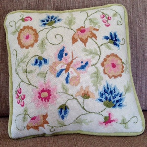 Vintage Floral Butterfly Tapestry Needlepoint Pillow // blue, green, white, pink, hand made