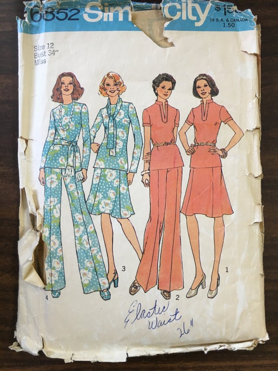 Vintage 1970s Top, Skirt, Wide-Leg Pants and Scarf Pattern // Simplicity  6852, size 12