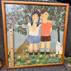 1920s Herta Breit Print- Girl & Boy Under Cherry Tree AKA Adam and Eve // 17x20.5" framed lithograph > vintage child art, Franz Cizek instr.