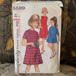 Vintage 1960s Child&#39;s One-Piece Dress or Jumper Pattern // Simplicity 5599 &gt; Girls&#39; Size 12 &gt; princess, high round neckline, back zipper