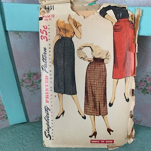 May include: Vintage Simplicity sewing pattern for a skirt, pattern number 4491. The pattern is for a 32-inch waist and 41-inch hip. The pattern is printed on each pattern piece and is simple to make.