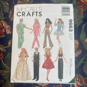 May include: McCall's Crafts sewing pattern envelope featuring illustrations of various outfits, including scrubs, a leopard print ensemble, a formal gown, and a tuxedo. The pattern number is 9663.