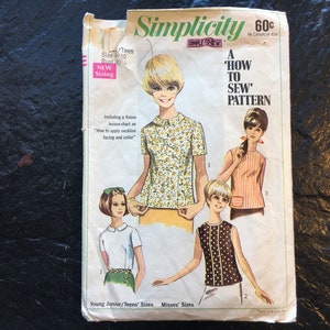 May include: A vintage Simplicity sewing pattern for a 'How to Sew' pattern. The pattern includes three different styles of tops for young juniors/teens and misses sizes. The pattern is printed on a white background with illustrations of the tops and instructions.