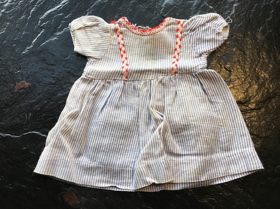 Vintage Blue & White Pinstriped Doll Dress // 8.5… - image 1