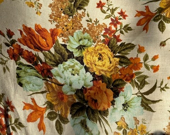 Vintage 1960s Floral Linen Fabric / BTY x56" > deadstock British Gabrielle Cie > lg scale floral in popping Autumn colors, burnt orange teal