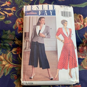 May include: A vintage sewing pattern for a women's jacket and culottes. The pattern is by Leslie Fay for Butterick and is size 8-10-12. The pattern features a polka dot print and a white collar.