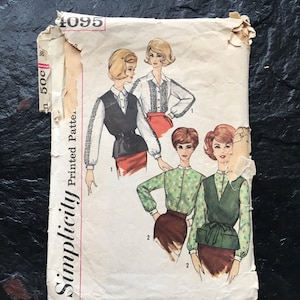 Vintage 1960s Misses&#39; Blouse and Jerkins Pattern // Simplicity 4095 &gt; plus Size 18 &gt; fitted, tops, vest, weskit, ruffled shirt &gt; rare