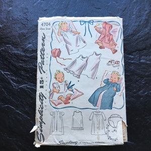 Vintage 1940s Baby&#39;s Layette Pattern // Simplicity 4704 &gt; dress, coat, bonnet, slips, booties &gt; transfer included
