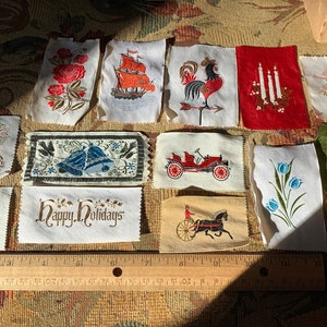 Vintage Woven Jacquard Labels // deadstock &gt; asstd design/colors/size- old fashioned cars, ship, flowers, Happy Holidays, rooster, bells