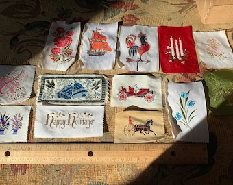 Vintage Woven Jacquard Labels // deadstock &gt; asstd design/colors/size- old fashioned cars, ship, flowers, Happy Holidays, rooster, bells