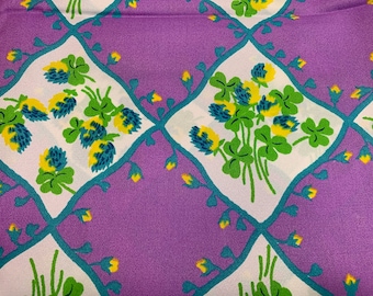 Vintage 1960s-1970s Silky Polyester Clover Fabric // 36x44", BTY by the yard > Unused, NOS, deadstock > purple, teal, green, floral grid