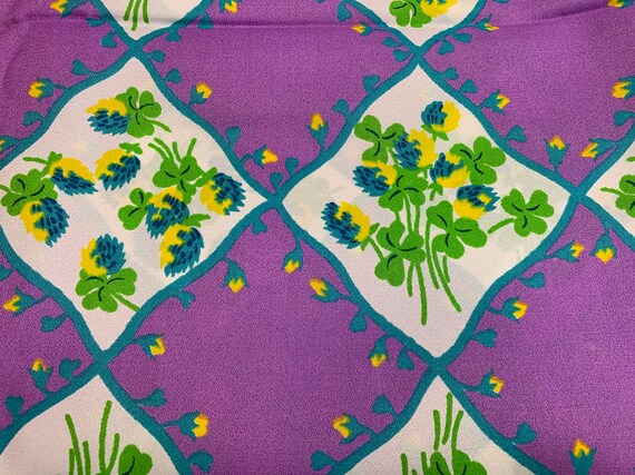Vintage 1960s-1970s Silky Polyester Clover Fabric // 36x44", BTY by the yard > Unused, NOS, deadstock > purple, teal, green, floral grid