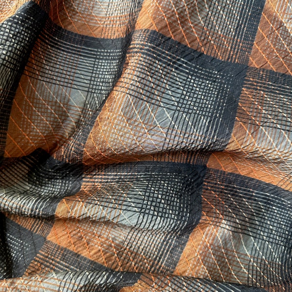 Vintage Shimmering Silky Puckered Fabric // 41x53" (2 pcs avail) > Mid-Century burnt orange, black, grey plaid grid, lightweight, slippery