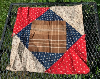 Antique Vintage Quilt Block- Early Cotton Fabrics // 12x12" > early prints- indigo, brown, turkey red > all hand stitched > Victorian, 1800s