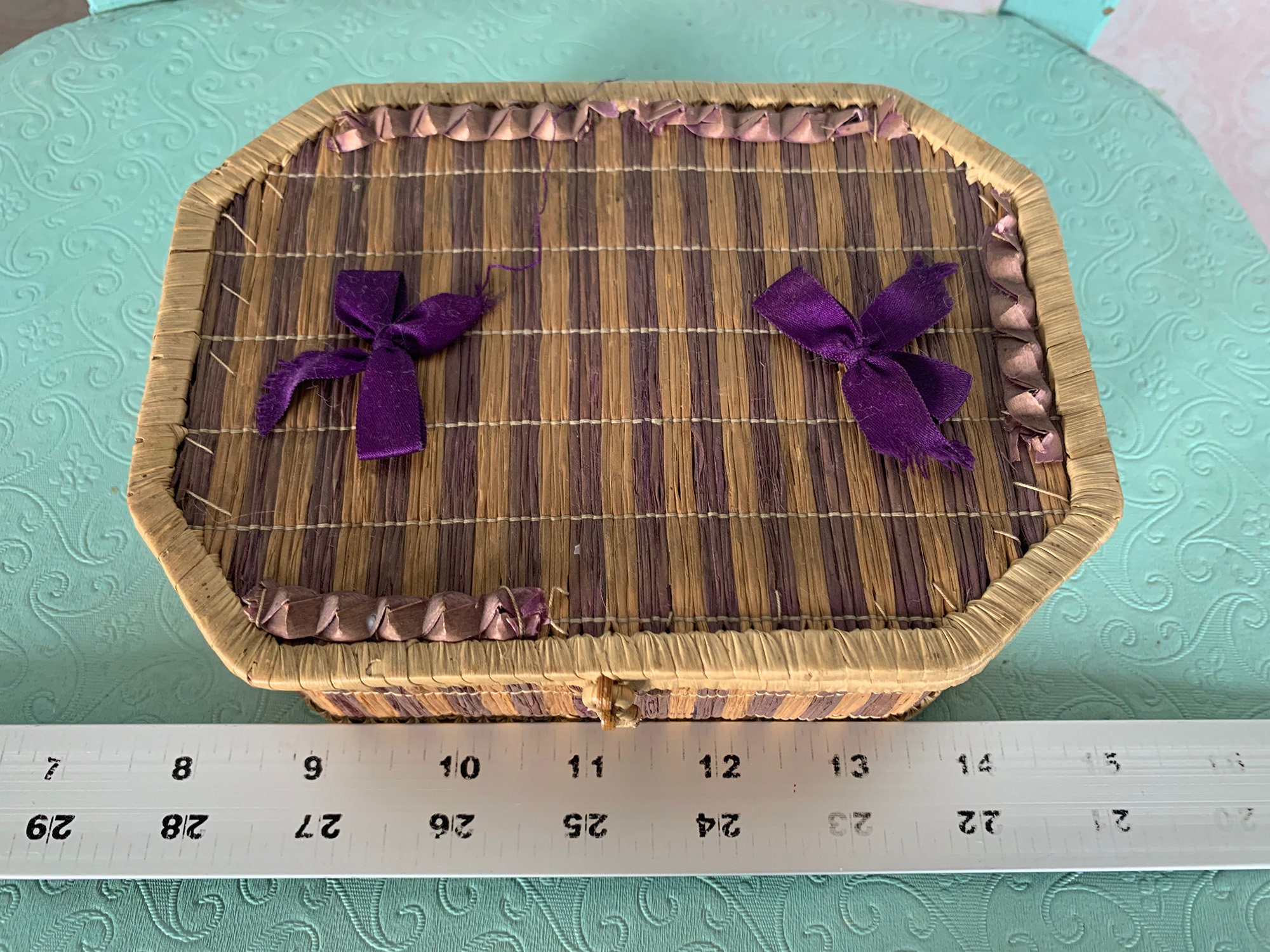 Sweetgrass Ribbon Antique Vintage Sweetgrass Box- Purple Striped & Lidded // 7x5x2.5 ...