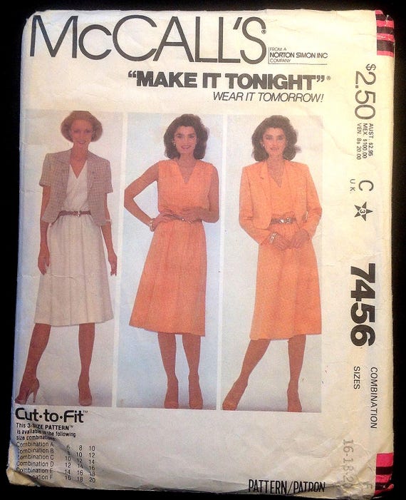 1980s Jacket & Dress Pattern // Mccall's Make It Tonight 7456 > Sz 16-18-20 > Short Blazer W/sleeve Options, Casual Sleeveless V Neck Dress