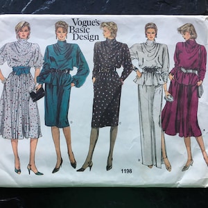 May include: A vintage sewing pattern featuring five different dress designs. The pattern is titled "Vogue's Basic Design" and the number 1198 is printed on the bottom right corner. The dresses are in various colors, including white, teal, black, and burgundy.