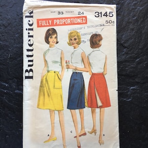 Vintage 1960s Misses&#39; Proportioned Skirt Pattern // Butterick 3145 &gt; waist 24, hip 33 &gt; back wrap skirt, cone shape, large pockets
