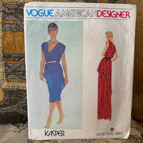 1980s Misses' Dress Pattern by Kasper // Vogue American Designer 2331 > size 8 > blouson with slim, draped, straight skirt, evening