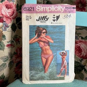 Vintage 1970s Misses&#39; Shawl & Reversible Bias Bikini Pattern // Simplicity 6921 &gt; Sz 14 &gt; 2 piece bathing suit, halter top, cover-up wrap