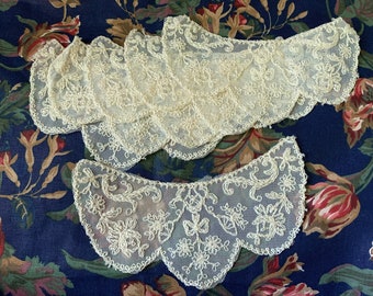 Antique Vintage Scalloped Tambour Lace Collar Pieces (by the PAIR) // 3x6.75&quot; each &gt; ecru embroidered net lace &gt; Unused deadstock &gt; cuffs