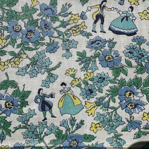 Vintage Feedsack Courting Couples Floral Pattern Fabric // 43x38" > worek bawełniany - nostalgiczne sceny pasterskie, nowość