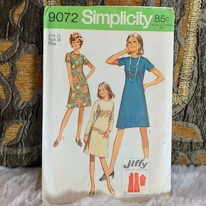 Vintage 1970s Misses&#39; Dress Pattern // Simplicity 9072 &gt; Size 16, bust 38 &gt; Unused &gt; high collarless neckline, a-line
