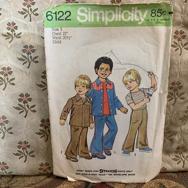 Vintage 1970s Child's Shirt, Jacket and Bell-Bottom Pants Pattern // Simplicity 6122 > Child Size 3 > shirt for stretch knits, leisure suit