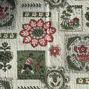 Pr Vintage Cotton Barkcloth Vat Print Fabric Curtain Panels // 40x76&quot; & 42x76&quot; &gt; Mid-Century green, red, grey Colonial Revival, PA Dutch