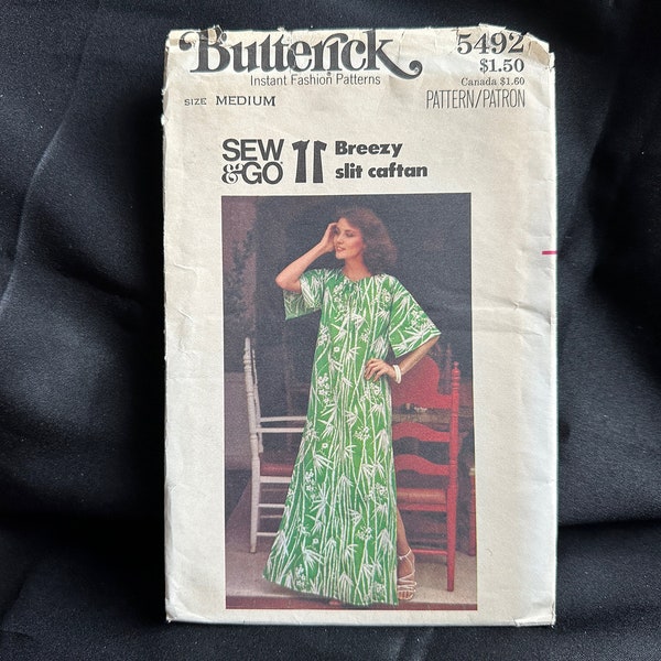 Vintage 1970s Breezy Slit Caftan Pattern // Butterick 5492 > Sz 12-14 (Med) > loose-fitting, straight, ankle length, kimono sleeves