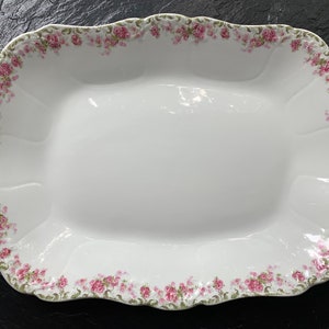 Könnte beinhalten: Eine weiße ovale Servierplatte mit einem rosa und grünen Blumendesign am Rand.