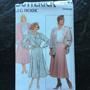 Könnte beinhalten: Ein Schnittmuster für ein Rock- und Jacken-Set. Das Schnittmuster ist für die Größen 14-16-18. Das Schnittmuster ist von J.G. Hook und stammt von Butterick.