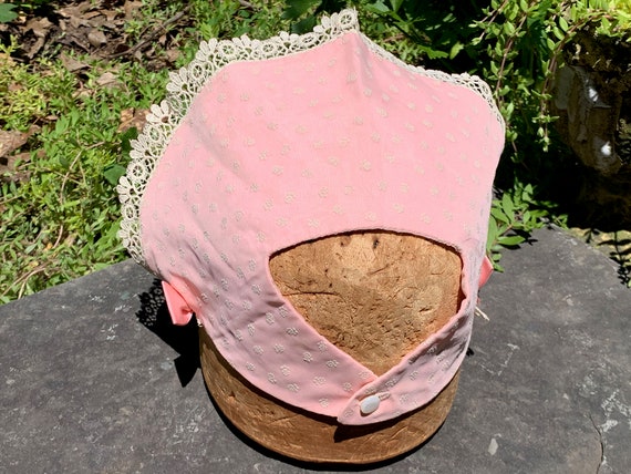 Vintage Pink Baby Bonnet Cap // sheer flocked flo… - image 3