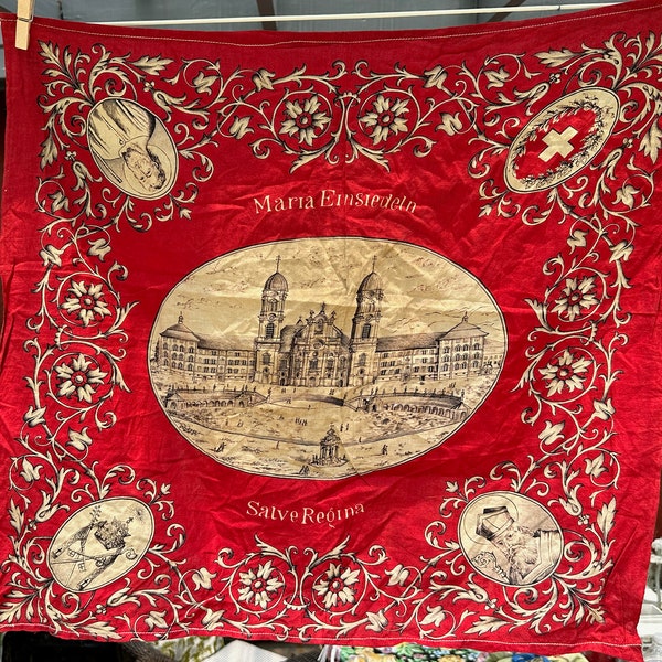 Mid-Late 1800s Einsiedeln Abbey Bandana // 22x24" > antique, vintage turkey red cotton handkerchief > religious, Saints, lithograph illust.