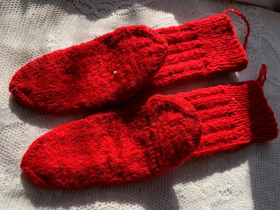 Antique Vintage Hand Knit Red Wool Socks // 8" fo… - image 3