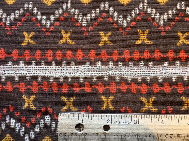 yellow boho hippy style brown with orange Vintage Geometric Polyester Knit Fabric 73x60 tribal print
