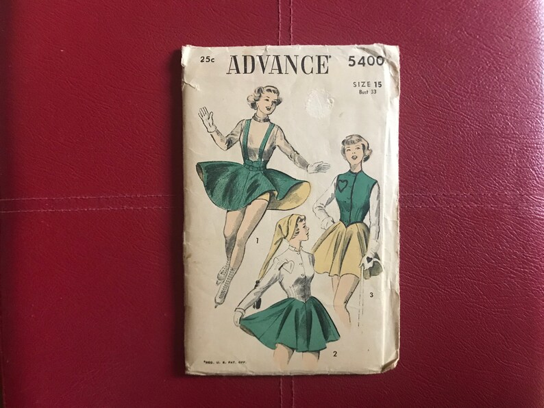 Vintage 1940s Ice Skating Outfit Pattern Advance 5400 size 15 Unused suspender skirt panties panty jacket