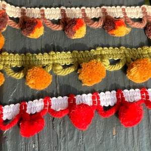 Vintage Tassel Ball Trim- 3 Color Choices // 36x1.5&quot; &gt; by the yard, BTY &gt; deadstock &gt; choice: orange/green, orange/brown, red/white, pom pom