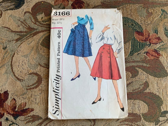 Vintage Wrap-around 1950s Skirt Pattern // Simplicity 3166 Waist 23 1/2,  Hip 32 1/2 Large Pocket, Fringe, Felt, Front Buttons 