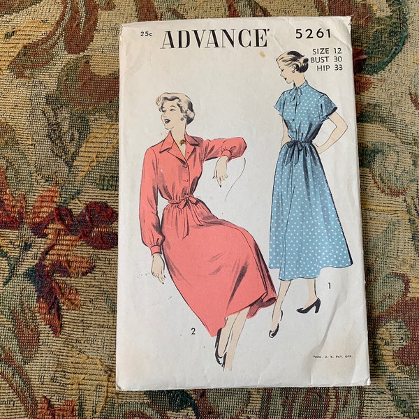 Vintage 1940s Maternity Shirtdress Pattern // Advance 5261 > size 12, bust 30, hip 33 > fit & flare, optional neck bow, short-long sleeves