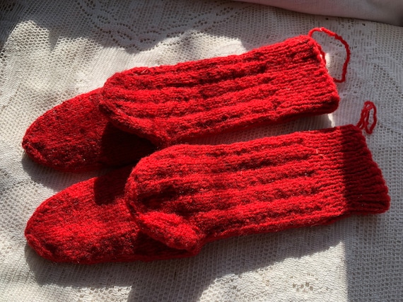 Antique Vintage Hand Knit Red Wool Socks // 8" fo… - image 2