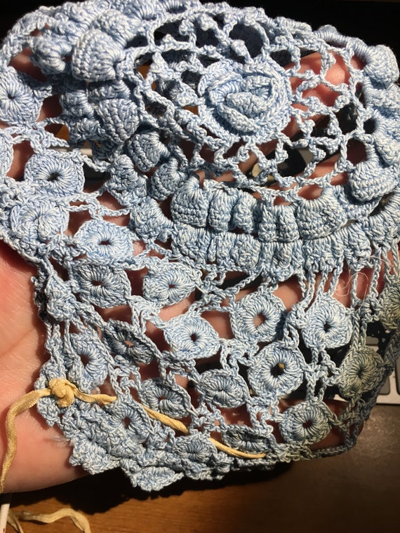 Antique Vintage Blue Crocheted Baby Bonnet, Cap /… - image 5